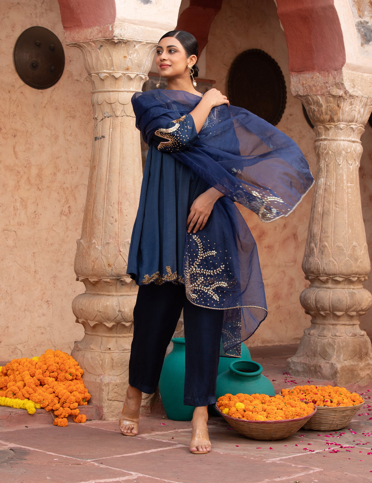 Midnight Blue Hand-Detailed Anarkali Set