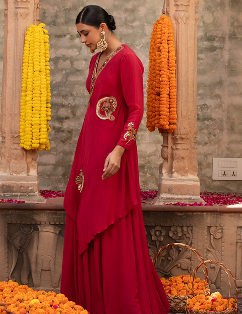Red Paisley Angrakha Crepe Gown