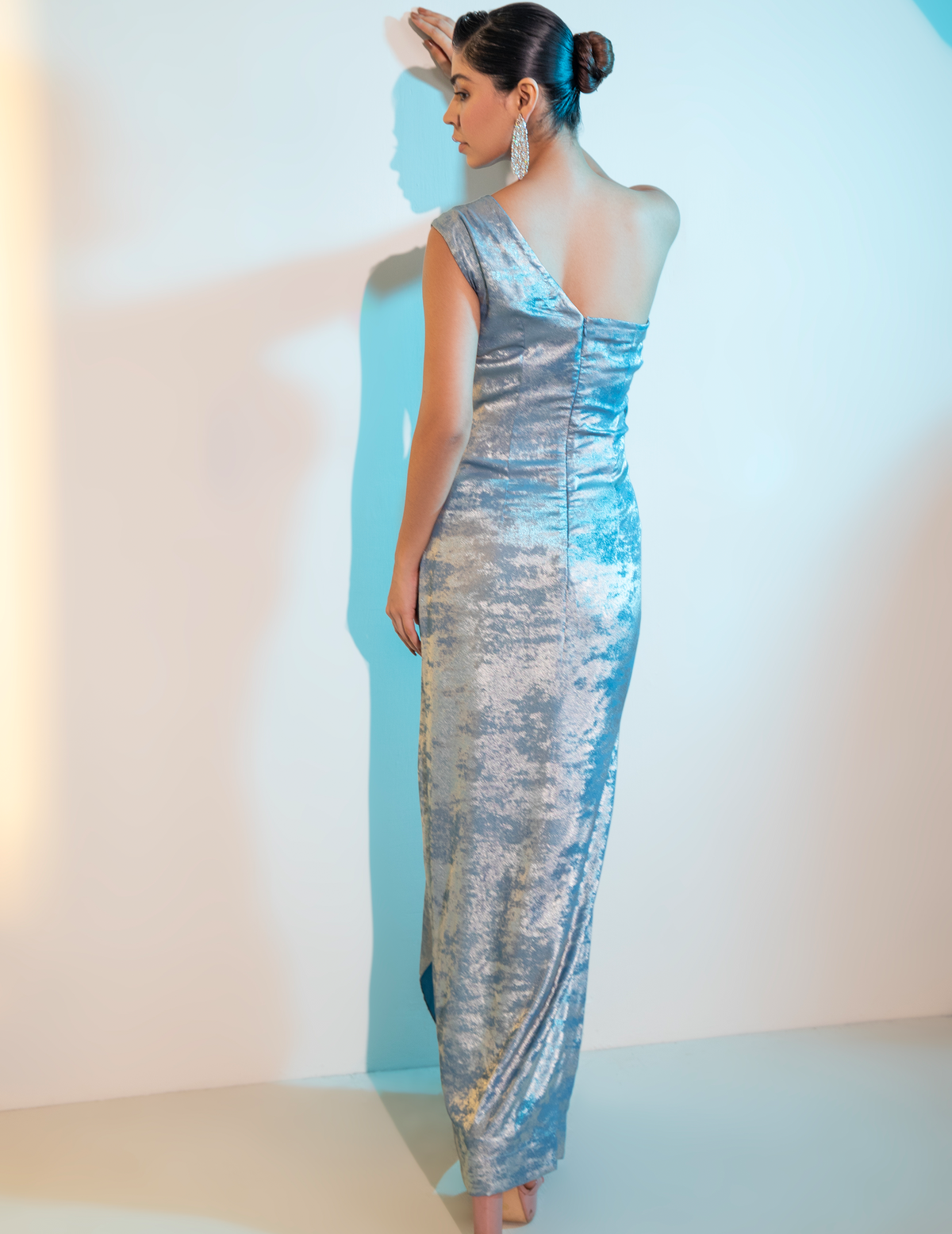 Blue Metalica Draped Midi Gown