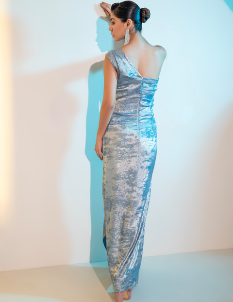 Blue Metalica Draped Midi Gown