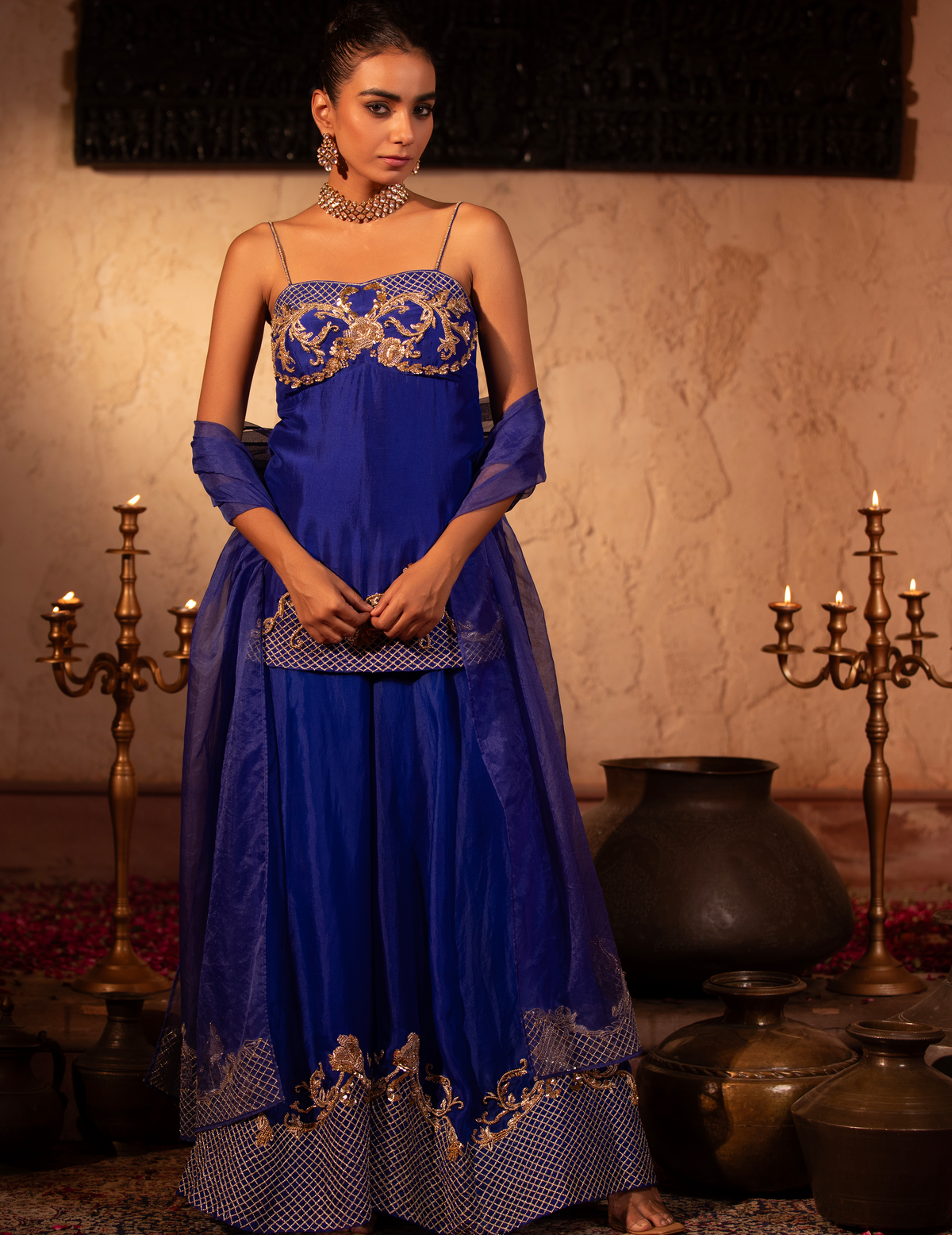 Egyptian Blue Rococco Corset Peplum Sharara Set
