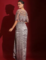 Geometrical Cape, Crop-Top & Metallic Foil Grey Skirt