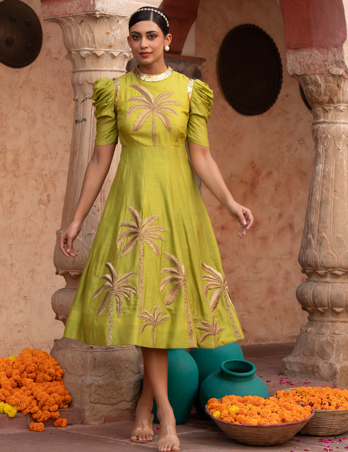 Lime Green Zari Tree Midi Gown