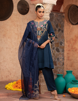 Navy Blue Floral Motif Anarkali Set