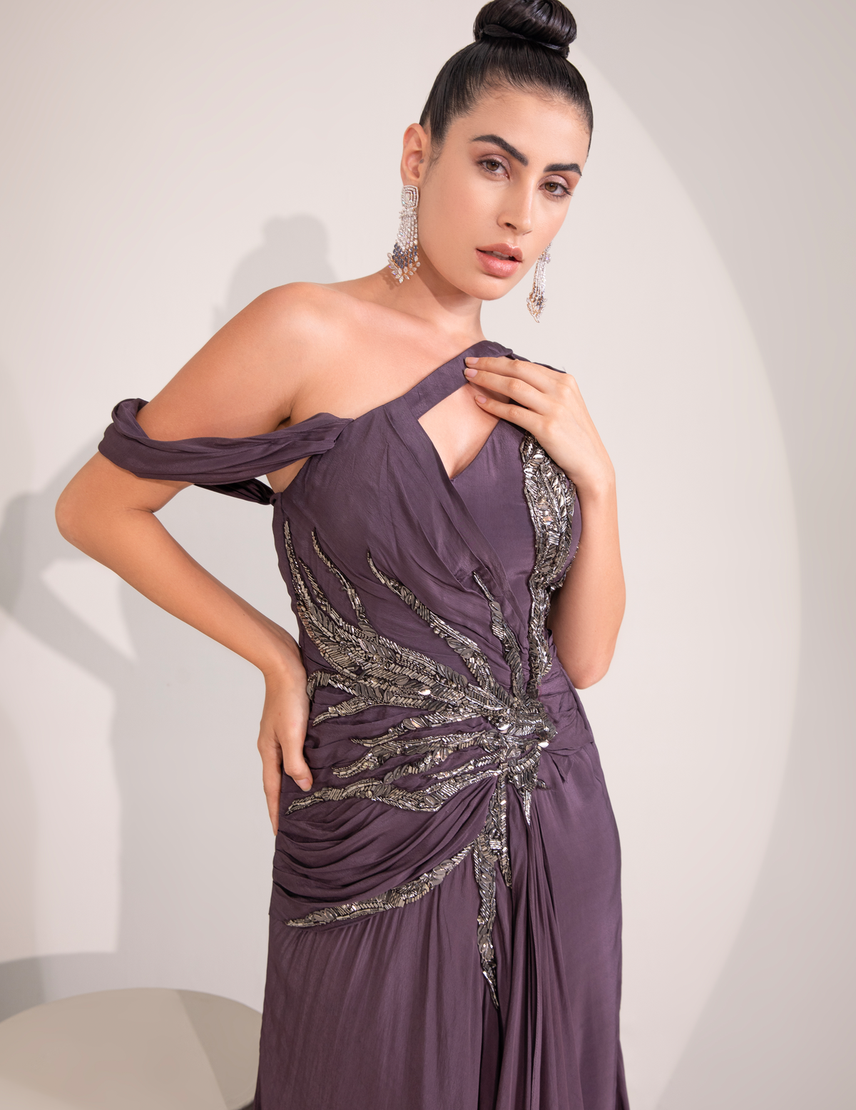 Midnight Plum One Shoulder Gown With Abstract Work