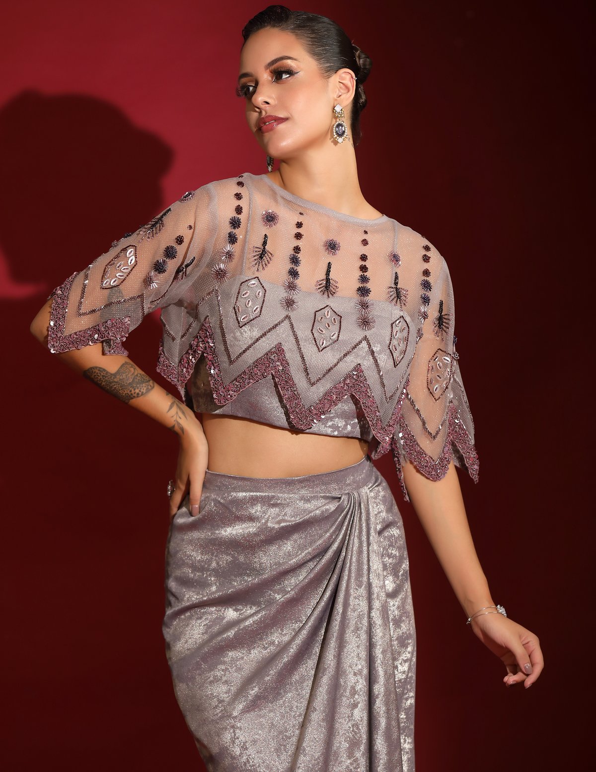 Geometrical Cape, Crop-Top & Metallic Foil Grey Skirt