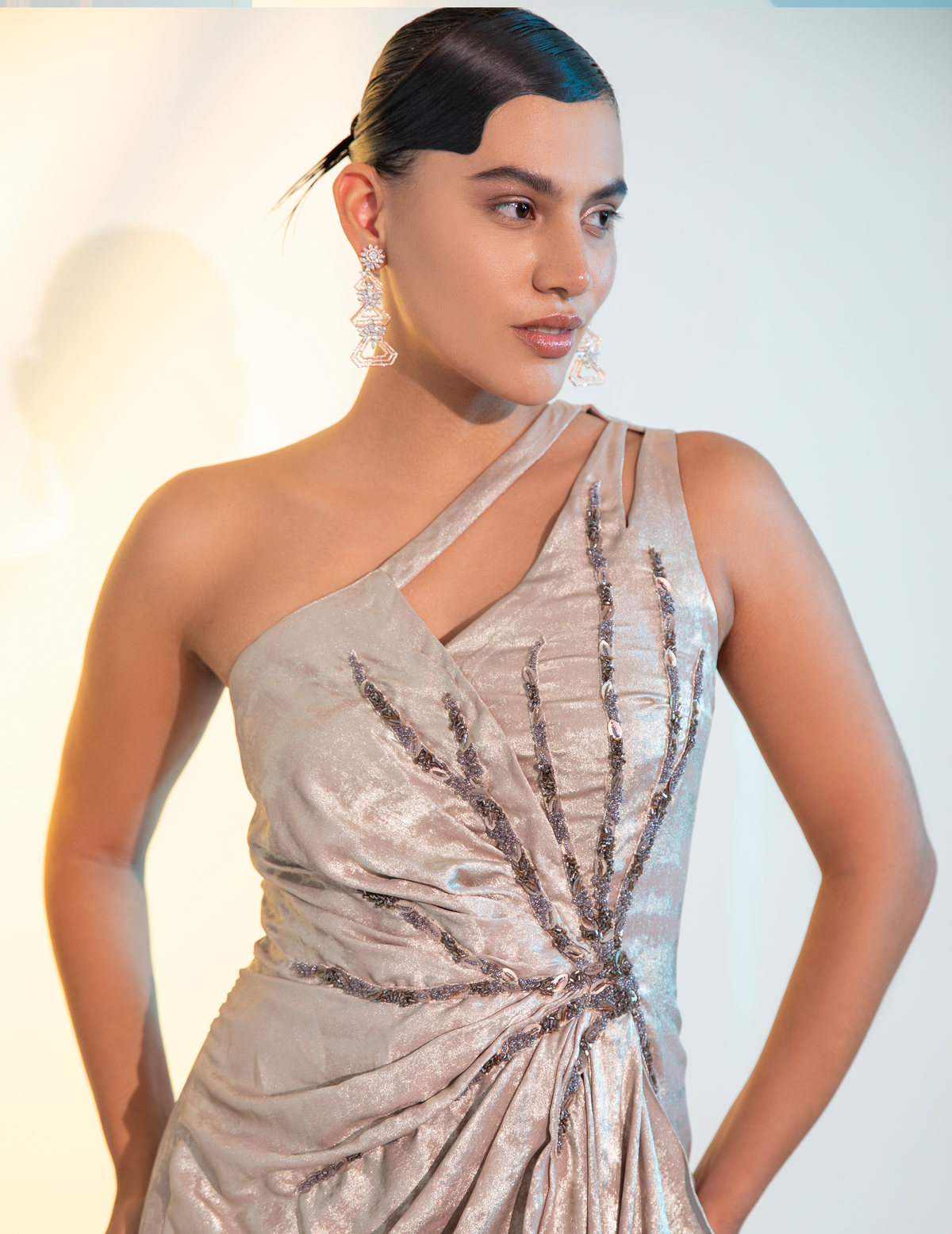Rose Gold Metalica Draped Midi Gown