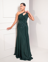 Bottle Green One Shoulder Draped Cocktail Gown Abstract Work