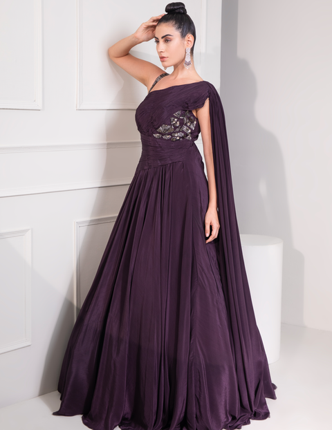 One Shoulder Draped Cocktail Gown Abstract Work