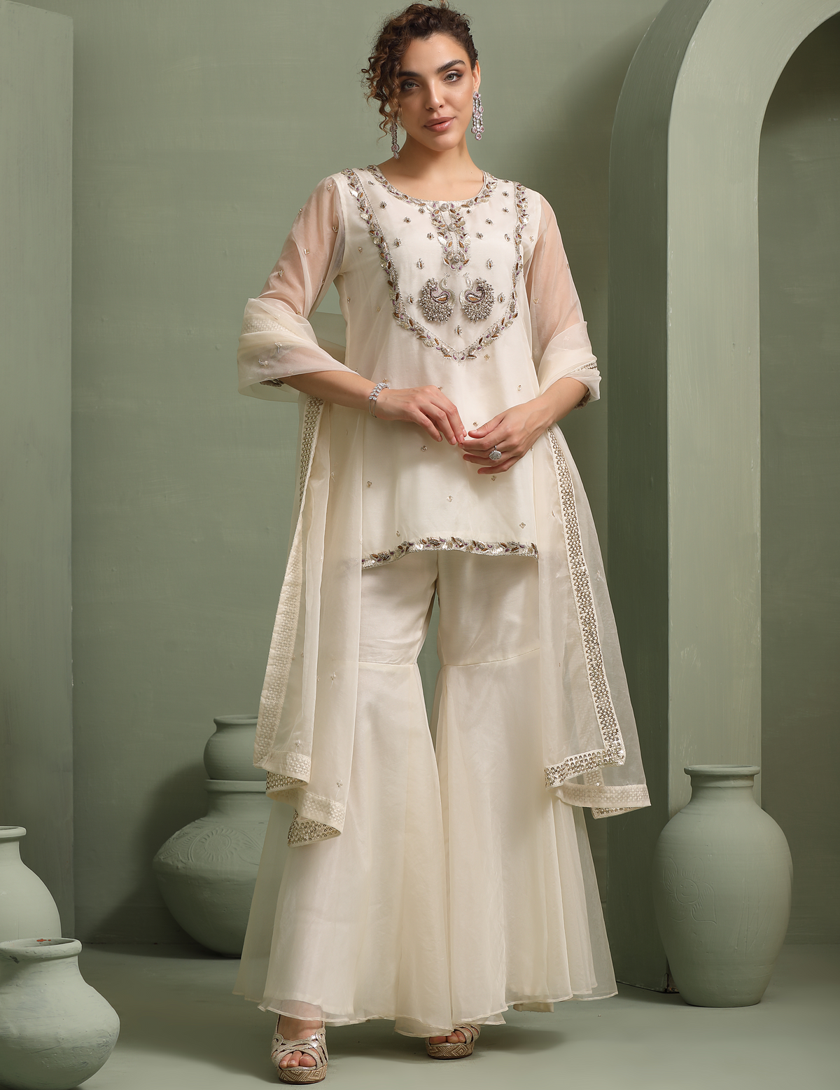 Ivory Peacock Motif Hand-Embellished Short-Kurti, Sharara, Dupatta Indo-Fusion