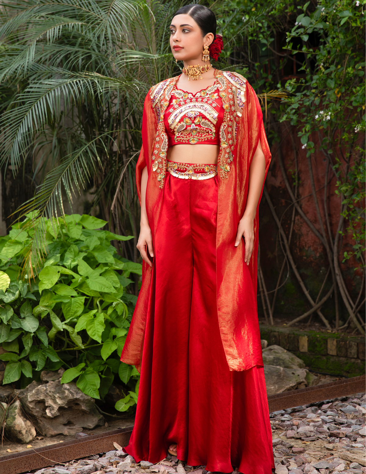 Red Croptop Cape & Palazzo Indo-Western Style
