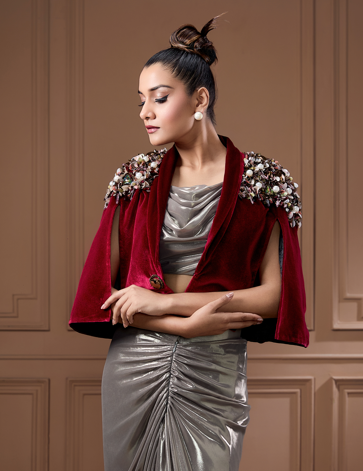 Wine Velvet Cape With Glass Cowl Bustier And Drape Skirt