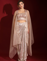 Metallic Rose-Gold Foil & Sea Life Embroidered Crop-Top Draped Skirt-Cape Set