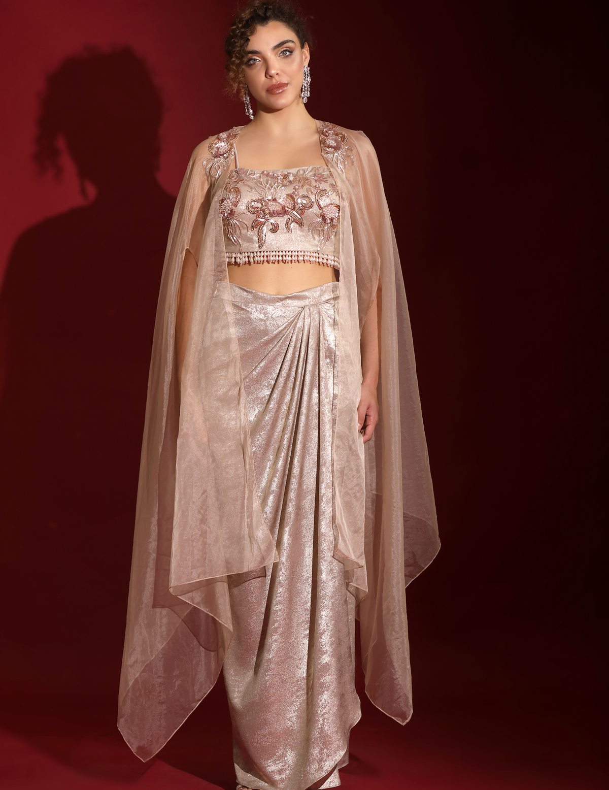 Metallic Rose-Gold Foil & Sea Life Embroidered Crop-Top Draped Skirt-Cape Set