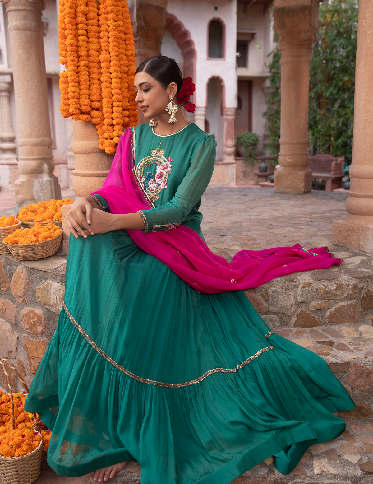 Jade Green Organza Bird Kurti Lehenga