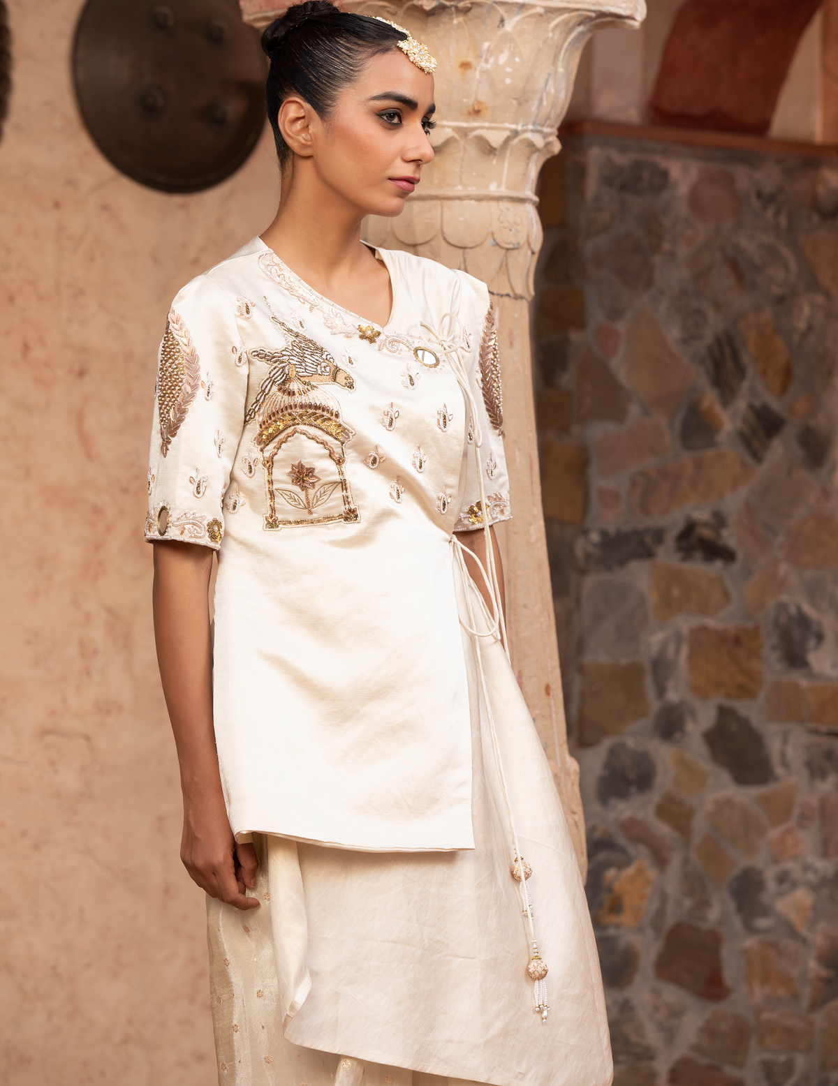 Ivory Rococco Asymmetric Angrakha With Drape Skirt