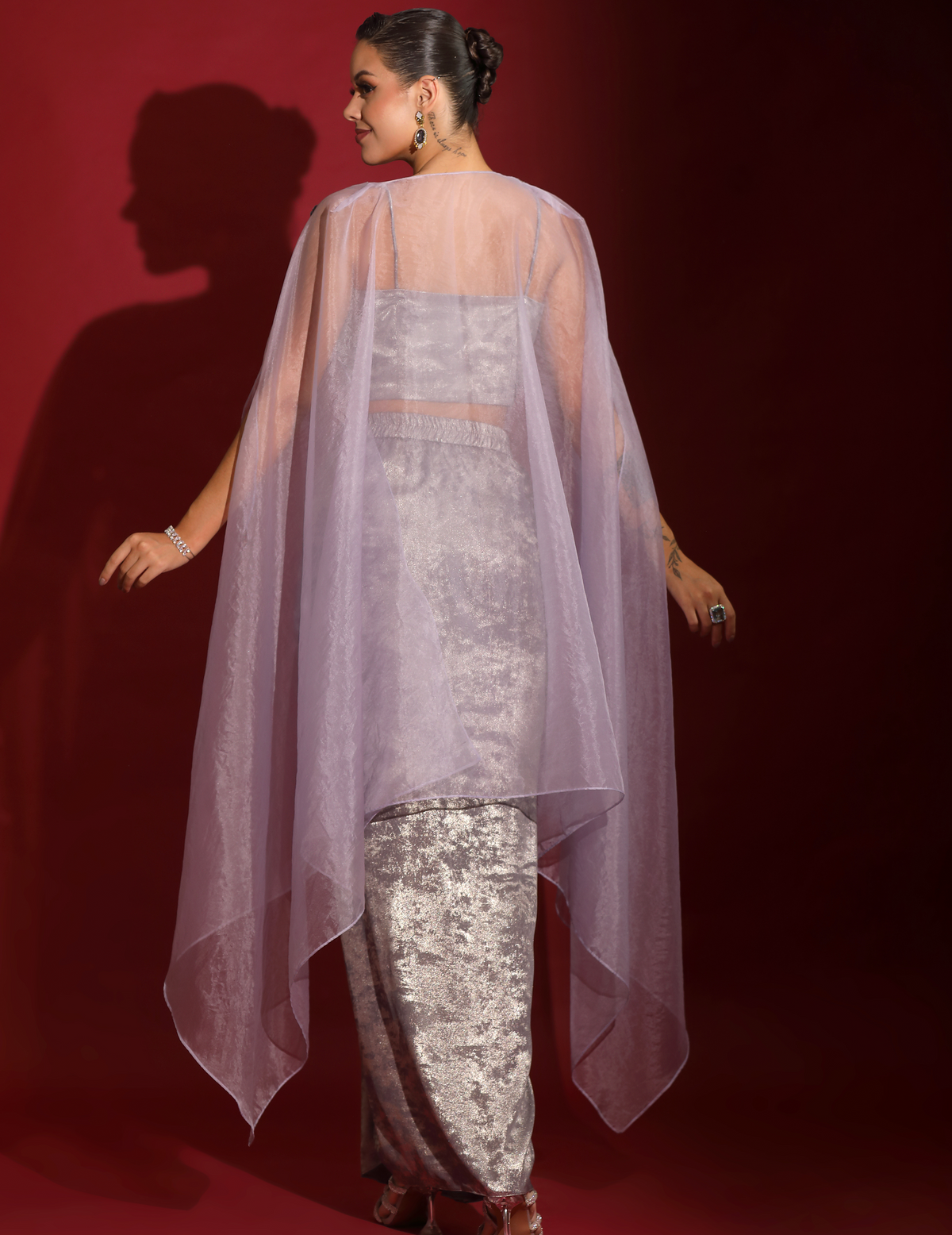 Purple Metallica Embellished Bustier With Drape Skirt And Organza Cape