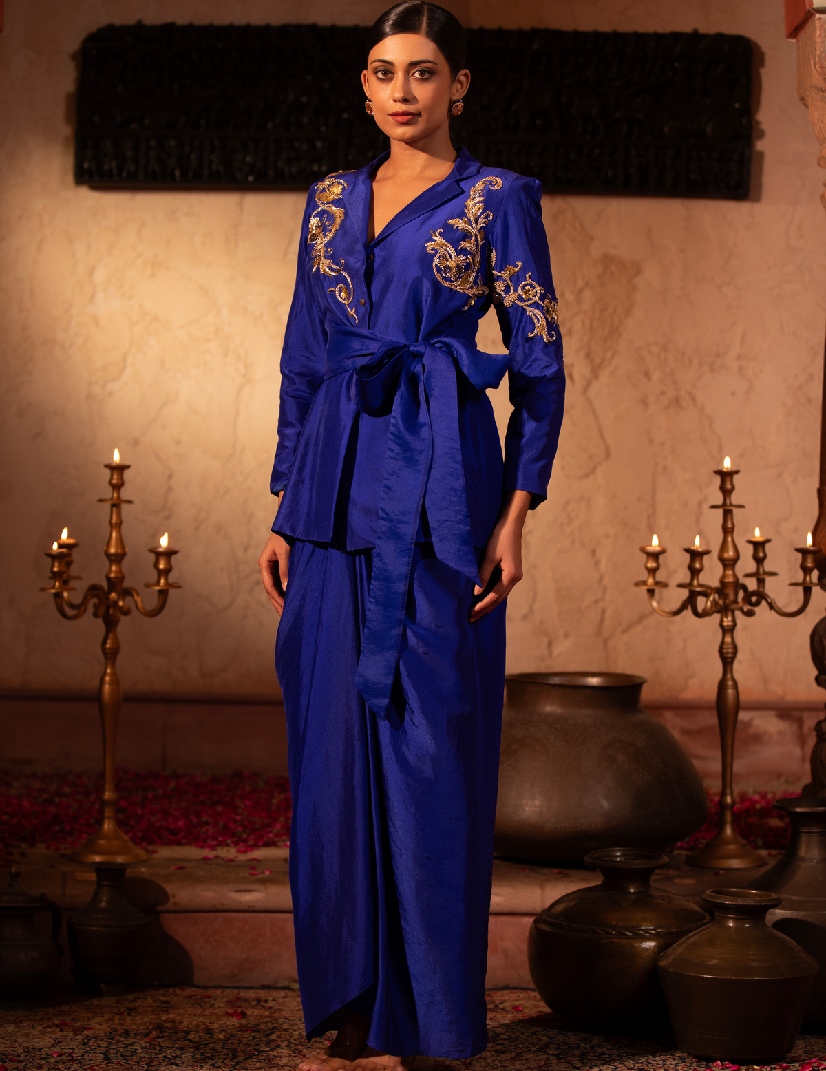 Egyptian Blue Wrap Rococco Blazer With Drape Skirt