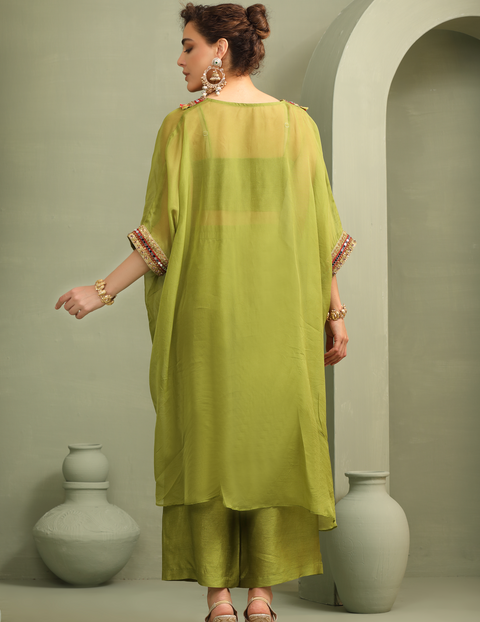 Parrot Green Festive Oversized Kaftan-Crop Top, Trouser Set