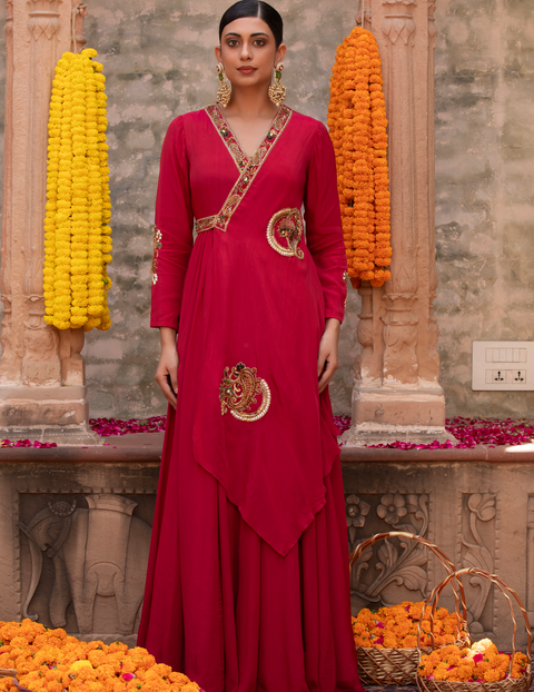 Red Paisley Angrakha Crepe Gown