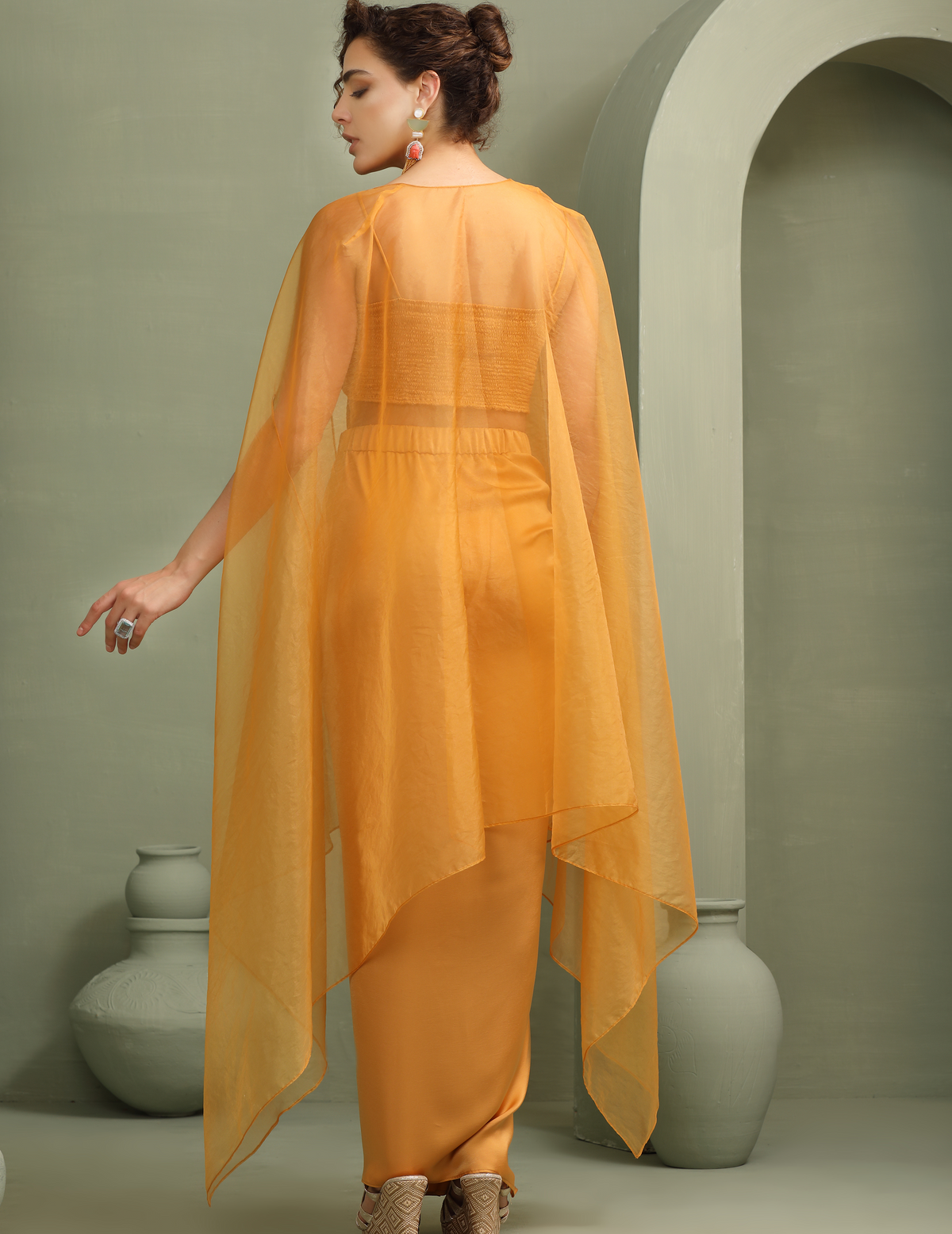 Mustard Draped Skirt-Cape & 3D Hand-Made Colour Block Flower Set