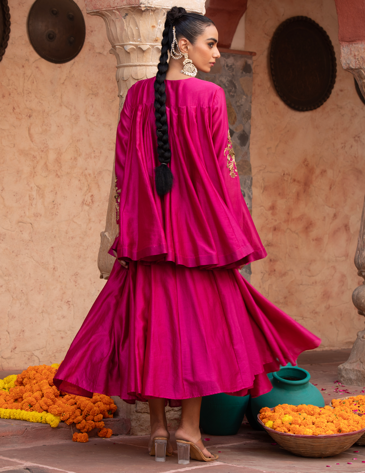 Fuschia Pink Chanderi Kathiavadi Top & Midi Skirt