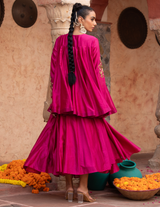 Fuschia Pink Chanderi Kathiavadi Top & Midi Skirt