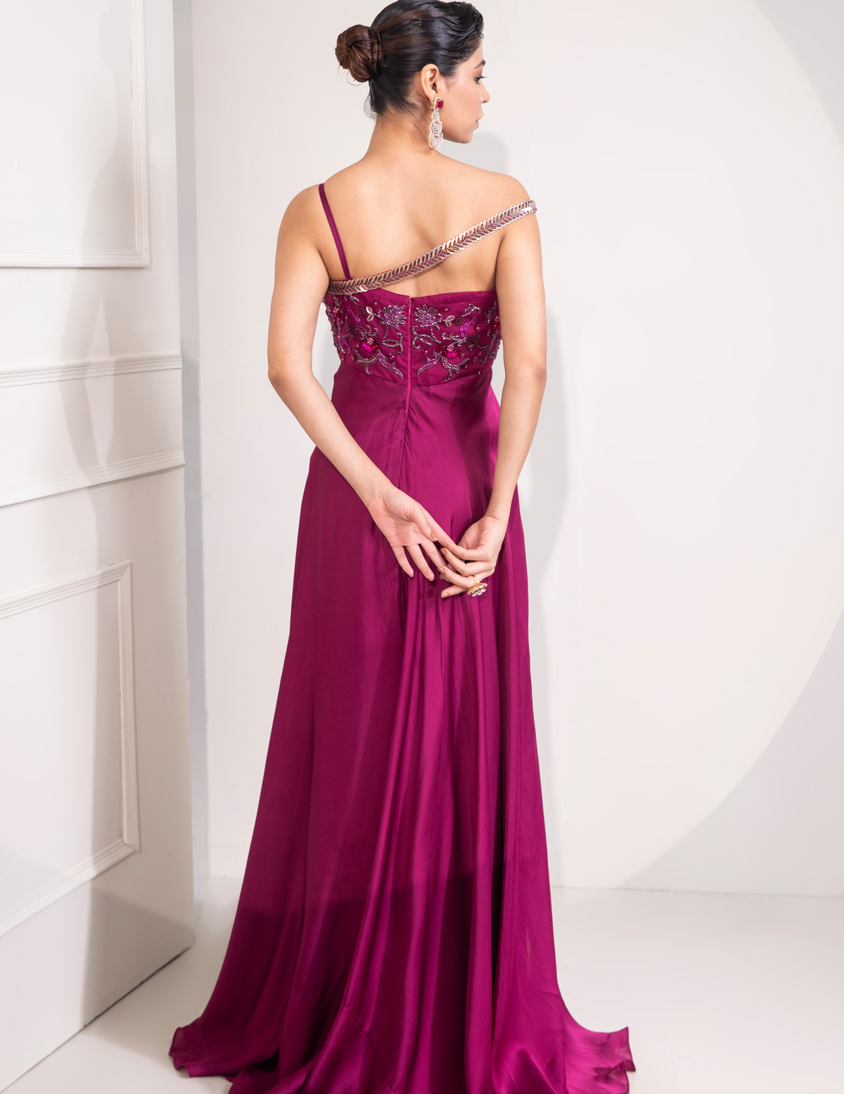 Viva Magenta Draped Cocktail Gown With Embellished Corset