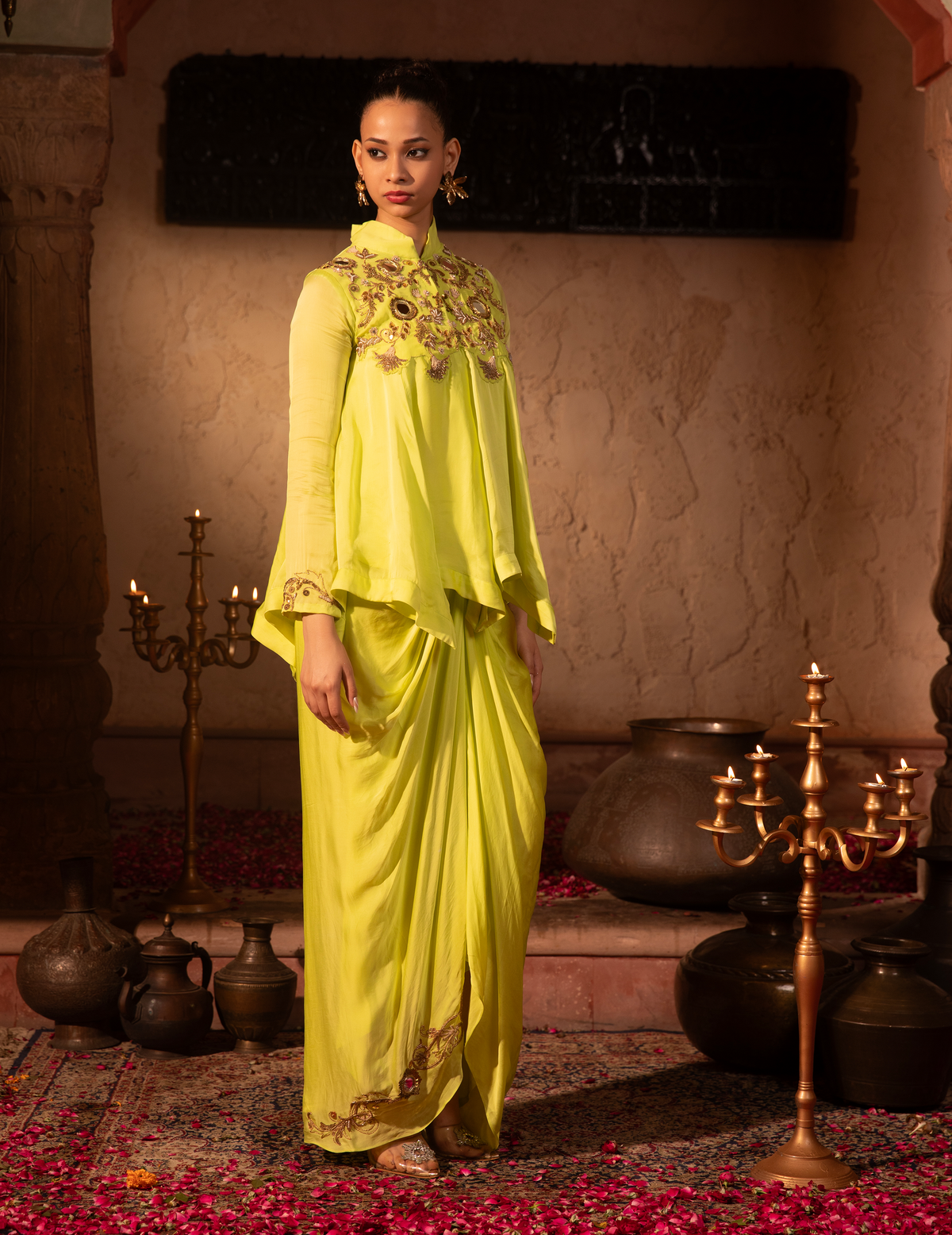 Lime Kalidar Asymmetric Top & Draped Skirt