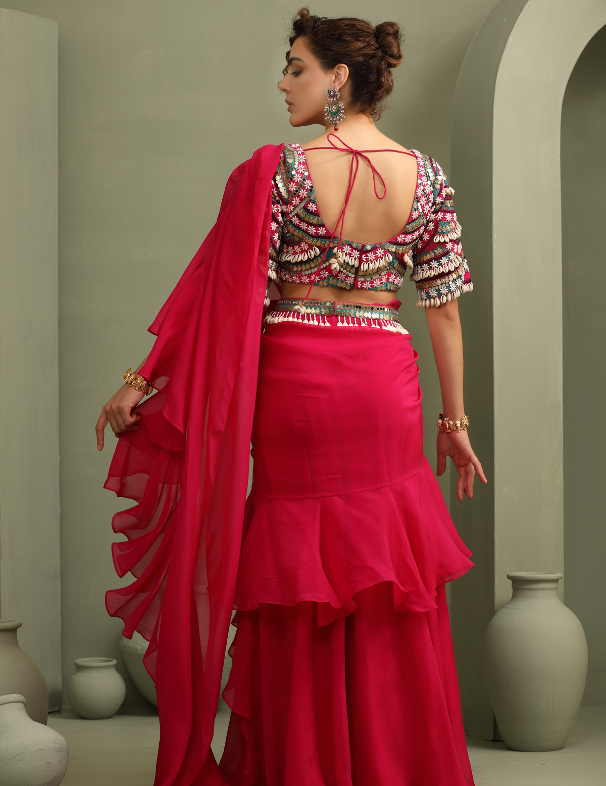 Kitsch Colourful Embellished Blouse & Ruffled Pre-Draped Saree