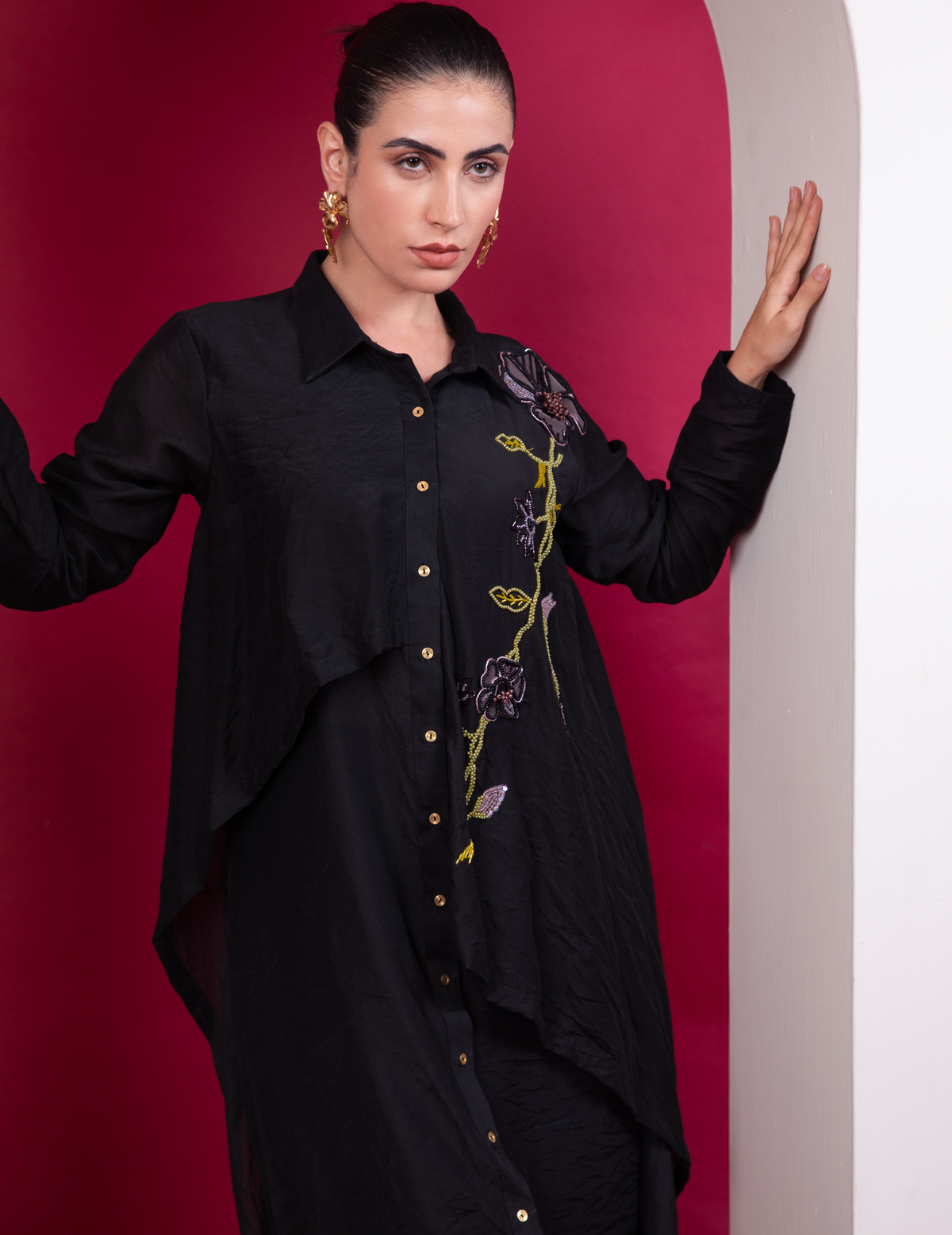 Black Layered Long Shirt Co-Ord Set