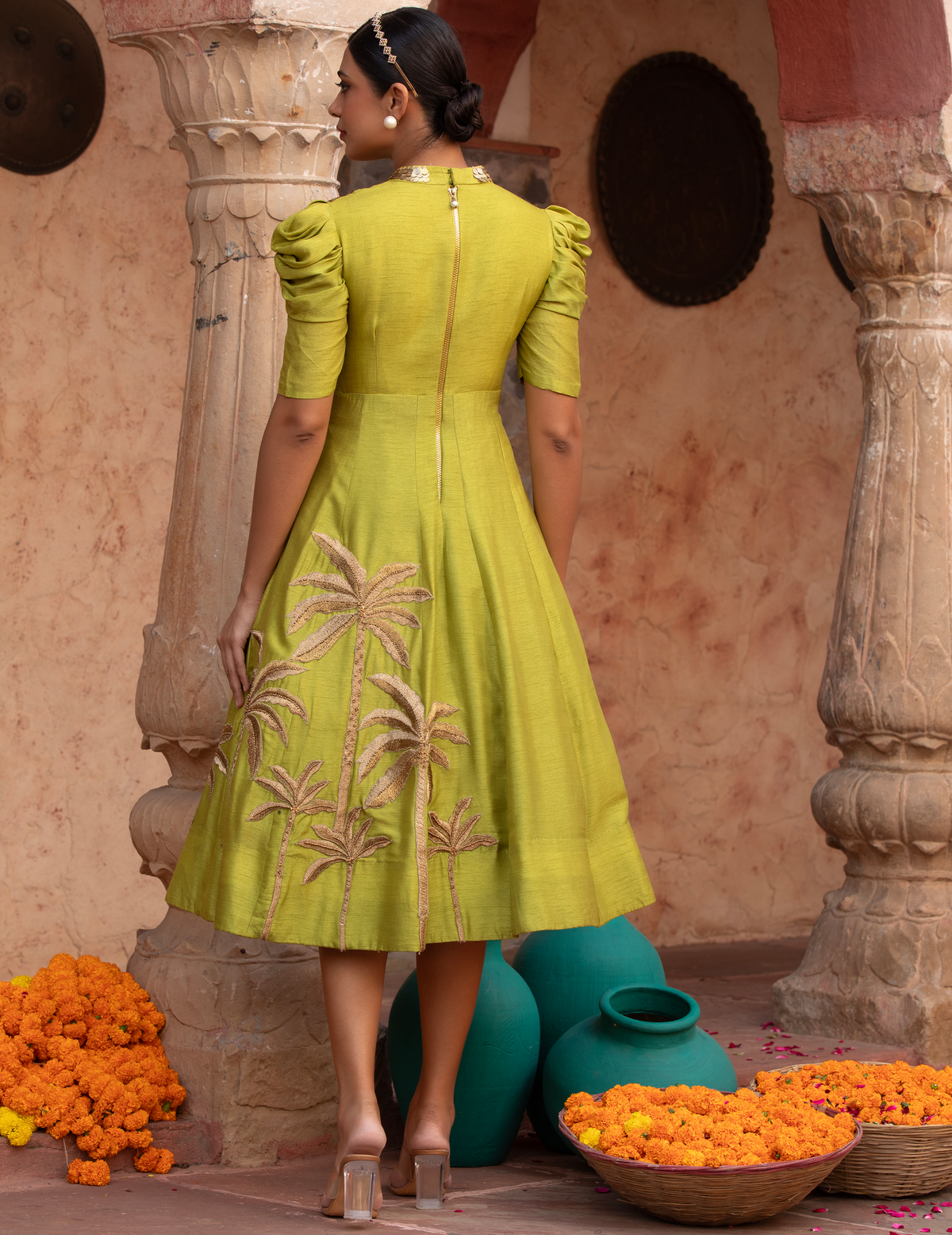 Lime Green Zari Tree Midi Gown