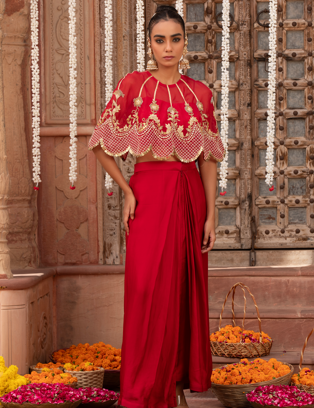 Scarlet Red Scaloop Cape, Bustier & Drape Skirt