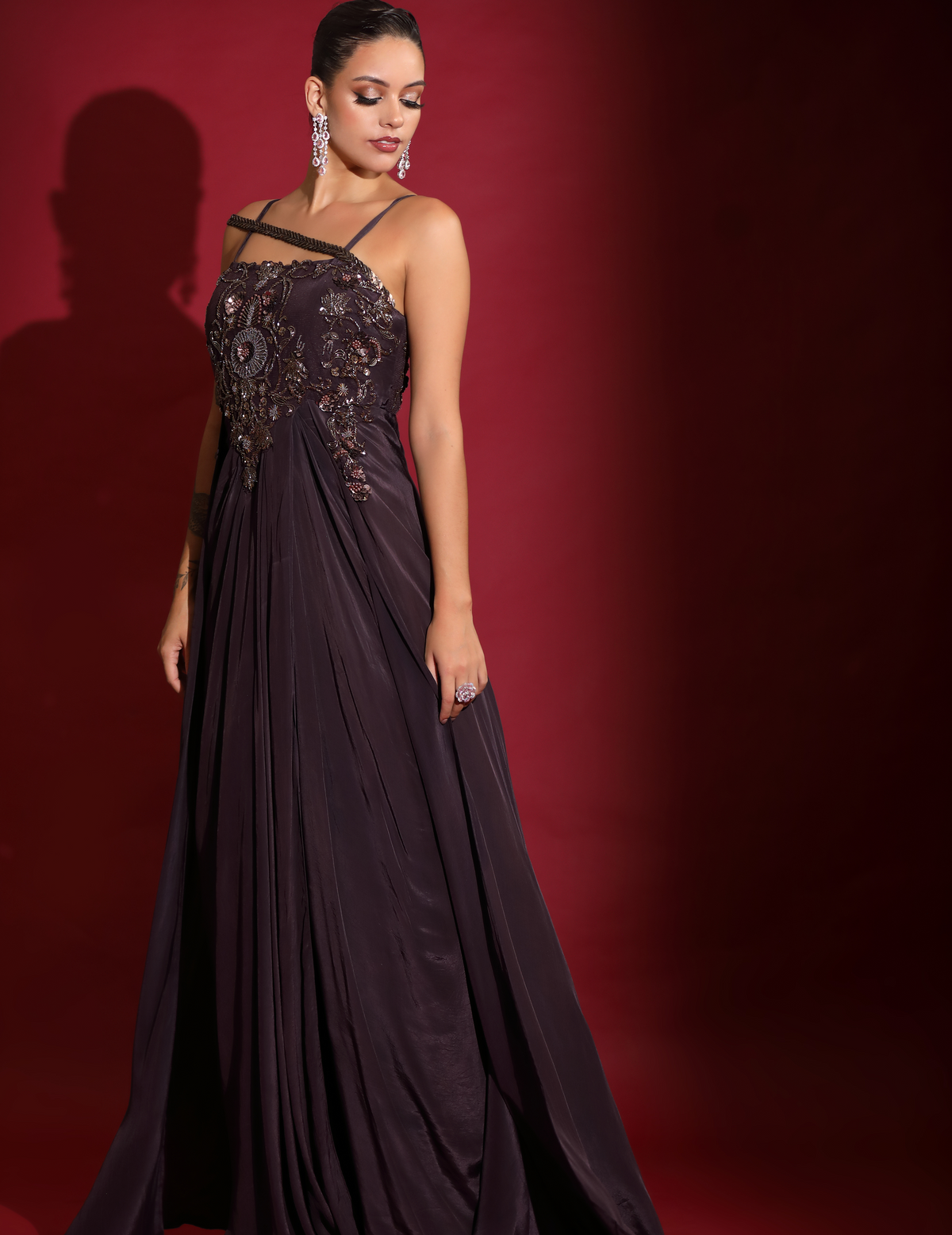 Chocalate Draped Cocktail Gown With Embellished Corset