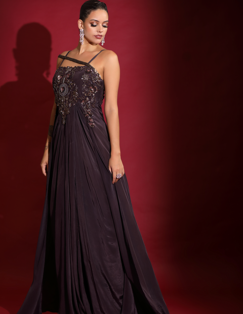 Chocalate Draped Cocktail Gown With Embellished Corset