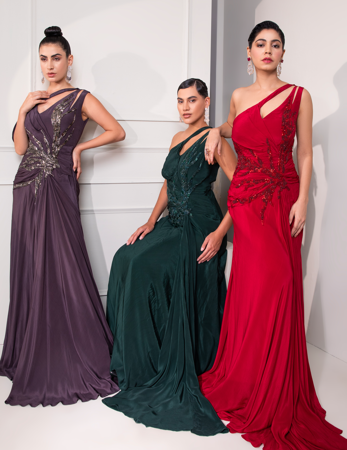 Ruby Red One Shoulder Draped Cocktail Gown Abstract Work