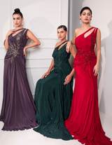 Ruby Red One Shoulder Draped Cocktail Gown Abstract Work