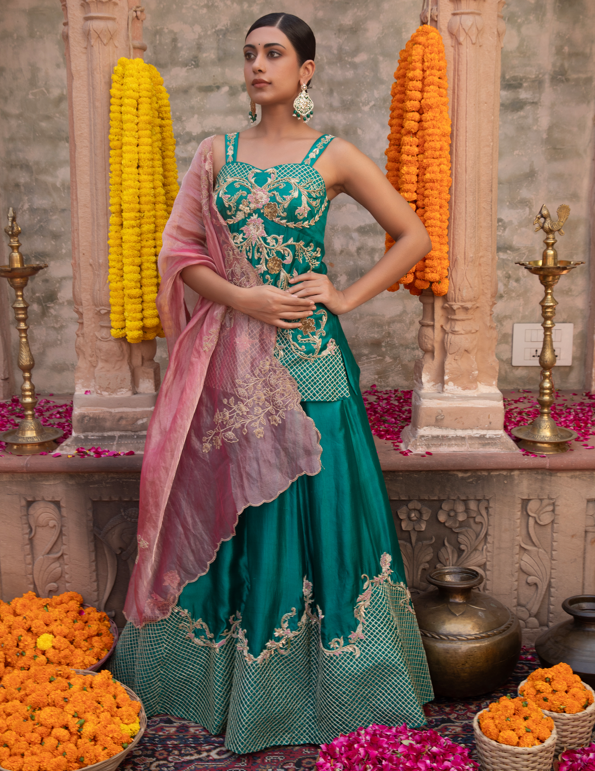Rama Green Silk Corset Peplum-Lehenga Set