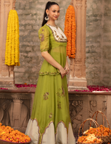 Parrot Green Organza Jharoka Applique Peplum Lehenga
