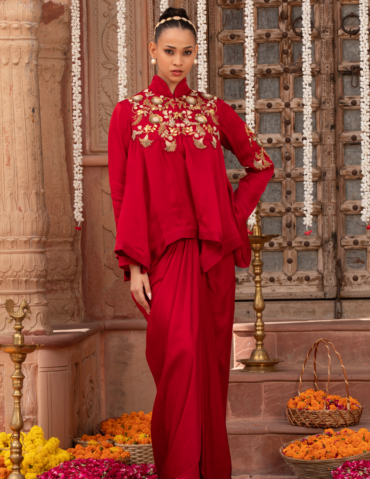Scarlet Red Kalidar Asymmetric Top & Drape Skirt