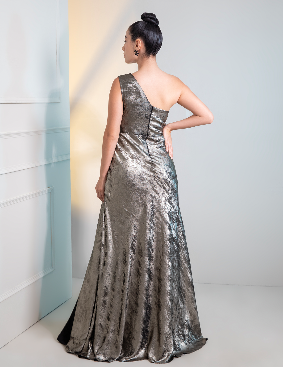 Grey Metalica Ruched Sleeves Cocktail Gown