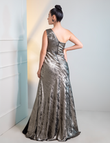 Grey Metalica Ruched Sleeves Cocktail Gown