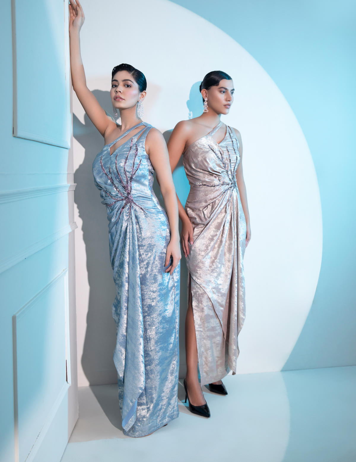 Blue Metalica Draped Midi Gown