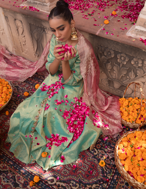 Mint Green Tissue Zari Paisley Anarkali Set