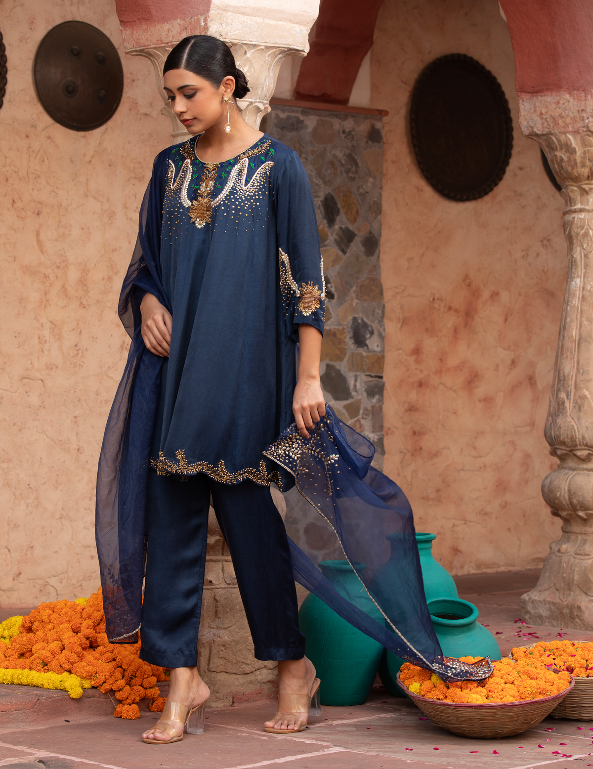 Midnight Blue Hand-Detailed Anarkali Set