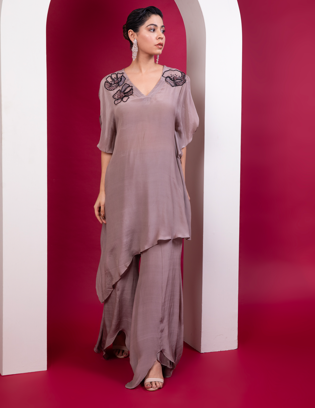 Asymmetric Kaftan & Pallazo Set In Greige Shade