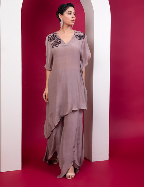 Asymmetric Kaftan & Pallazo Set In Greige Shade