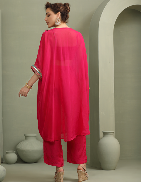 Pink Festive Oversized Kaftan-Crop Top,Trouser Set