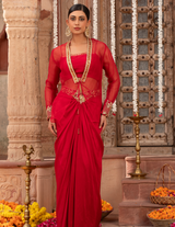 Scarlet Red Rococco Motif Jacket-Croptop & Drape Skirt Set