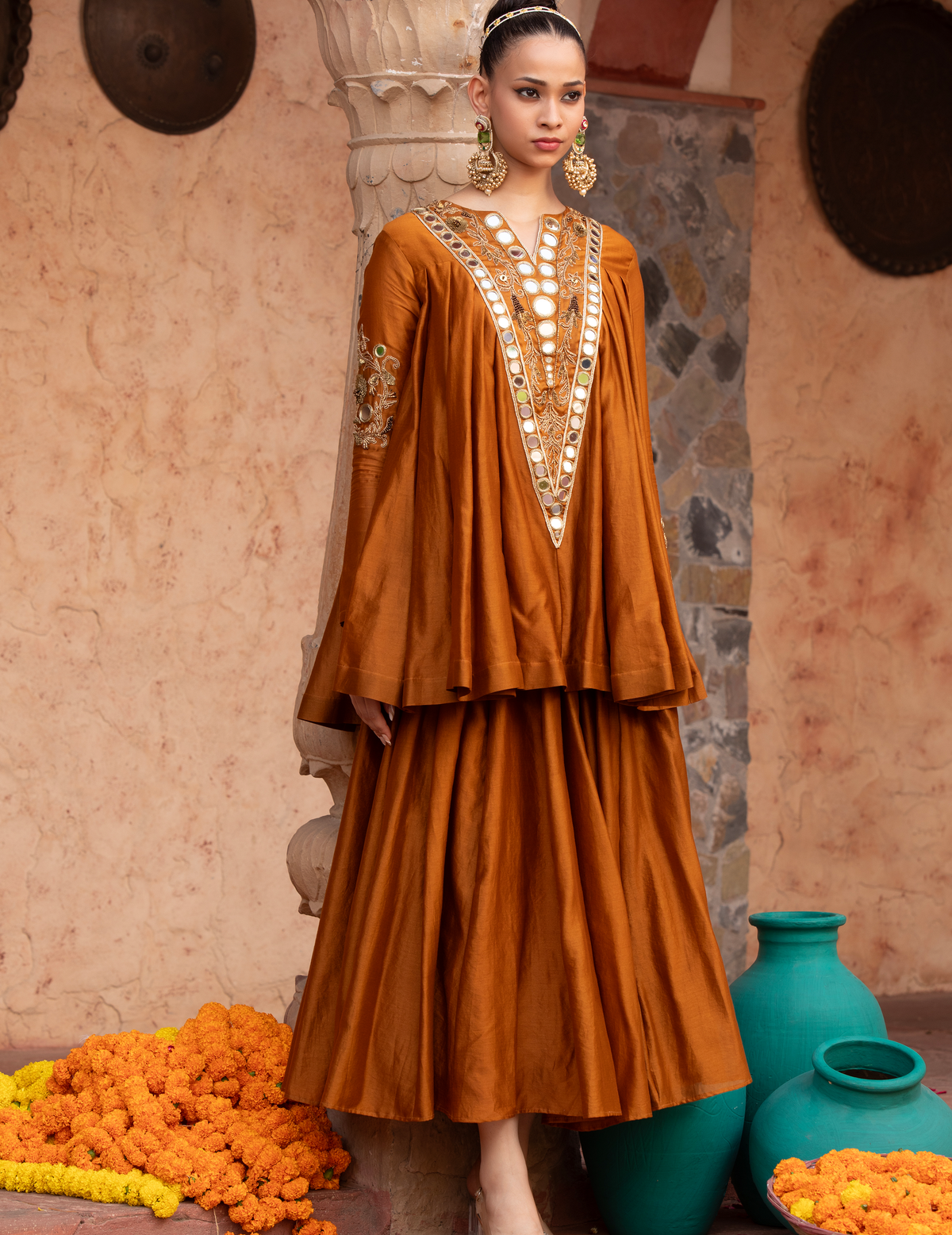 Golden Chanderi Kathiavadi Top & Midi Skirt